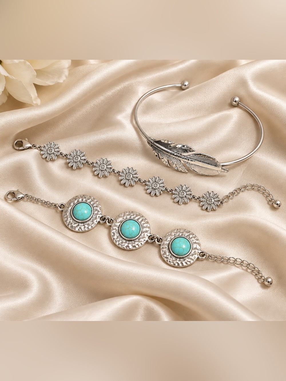 Italian Vintage Set Of 3 Silver Tone Bracelets Turquoise Floral Leaf